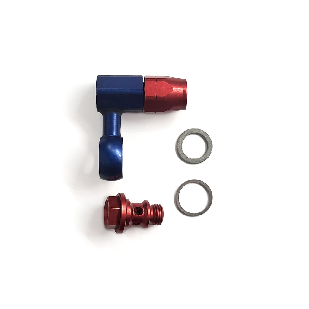 Weber Banjo Inlet 90o To -6JIC Hose End Including Bolt Red/Blue