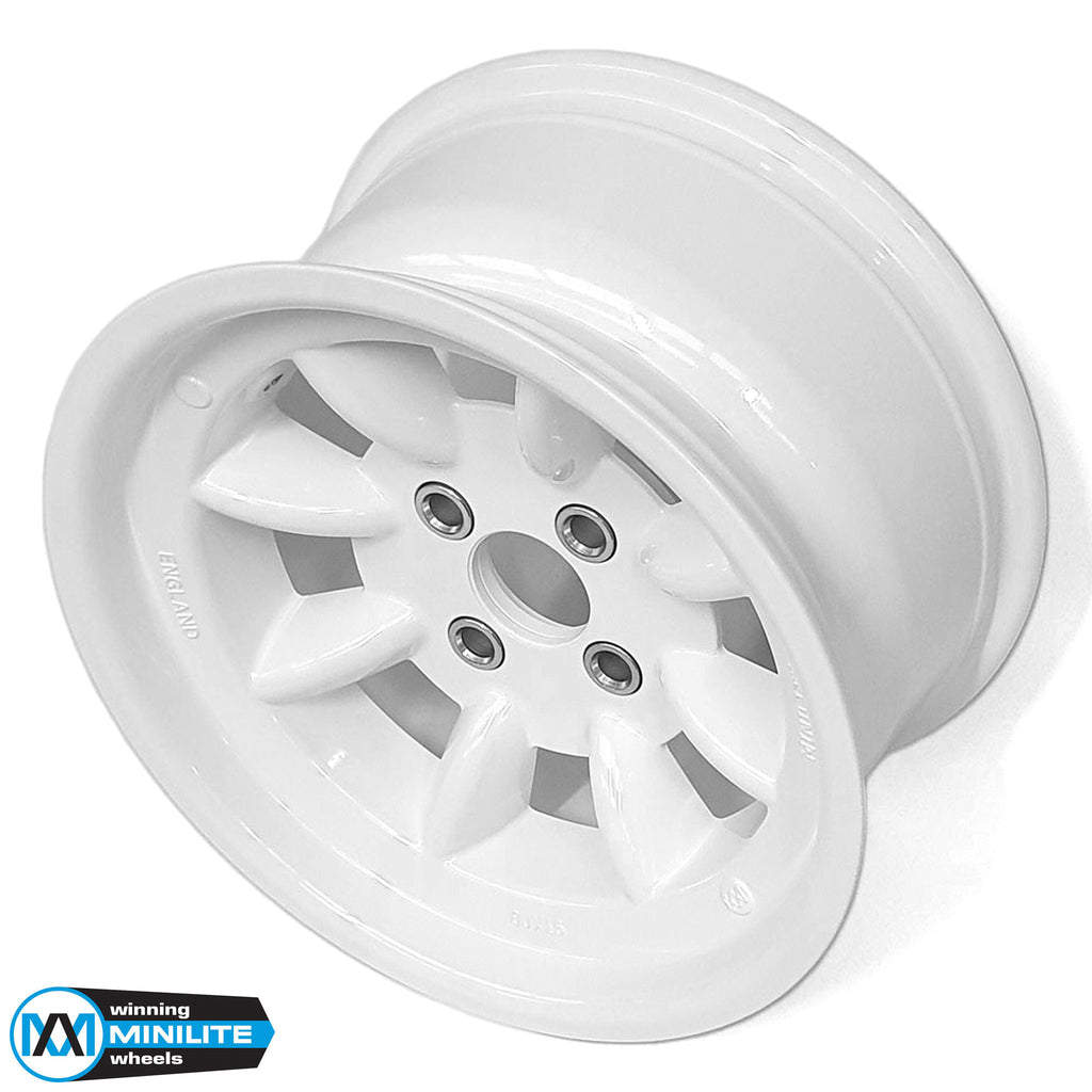 8.0x15" Minilite Wheel ET0 in White (Ford 4x108)