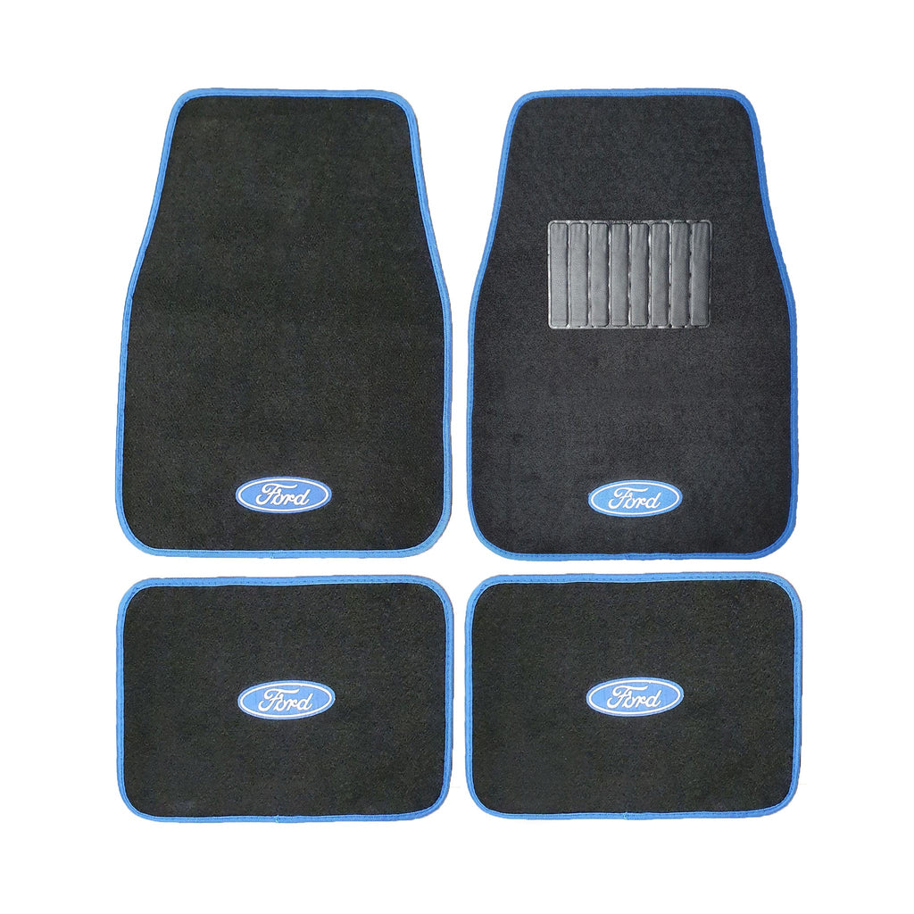 Set of 4 Black Car Mats with a a Blue Trim, finished with a Blue and White Ford Logo