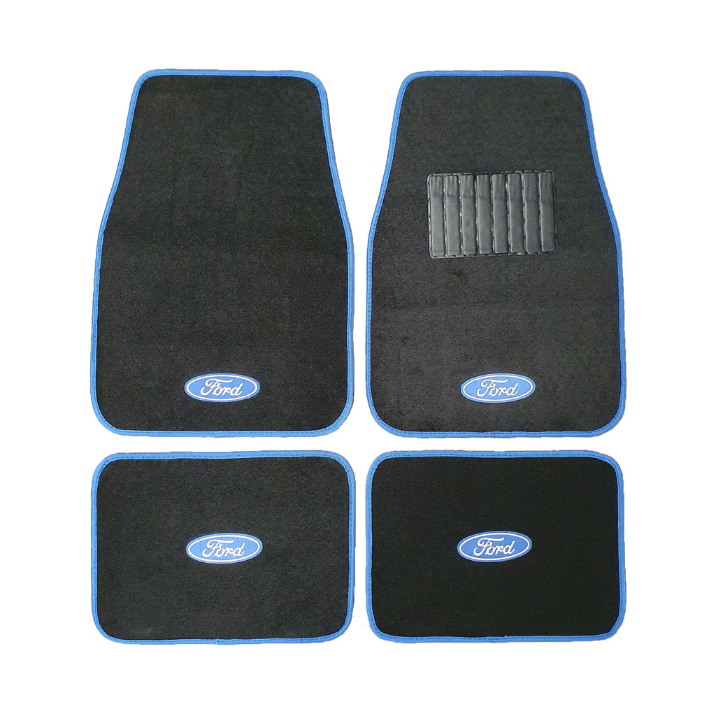 Set of 4 Black Car Mats with a a Blue Trim, finished with a Blue and White Ford Logo