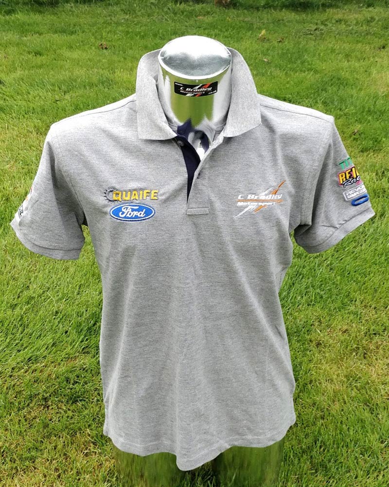Adult's Heather Grey & Navy Polo Shirt with 'C Bradley Motorsport' Logos (Front)
