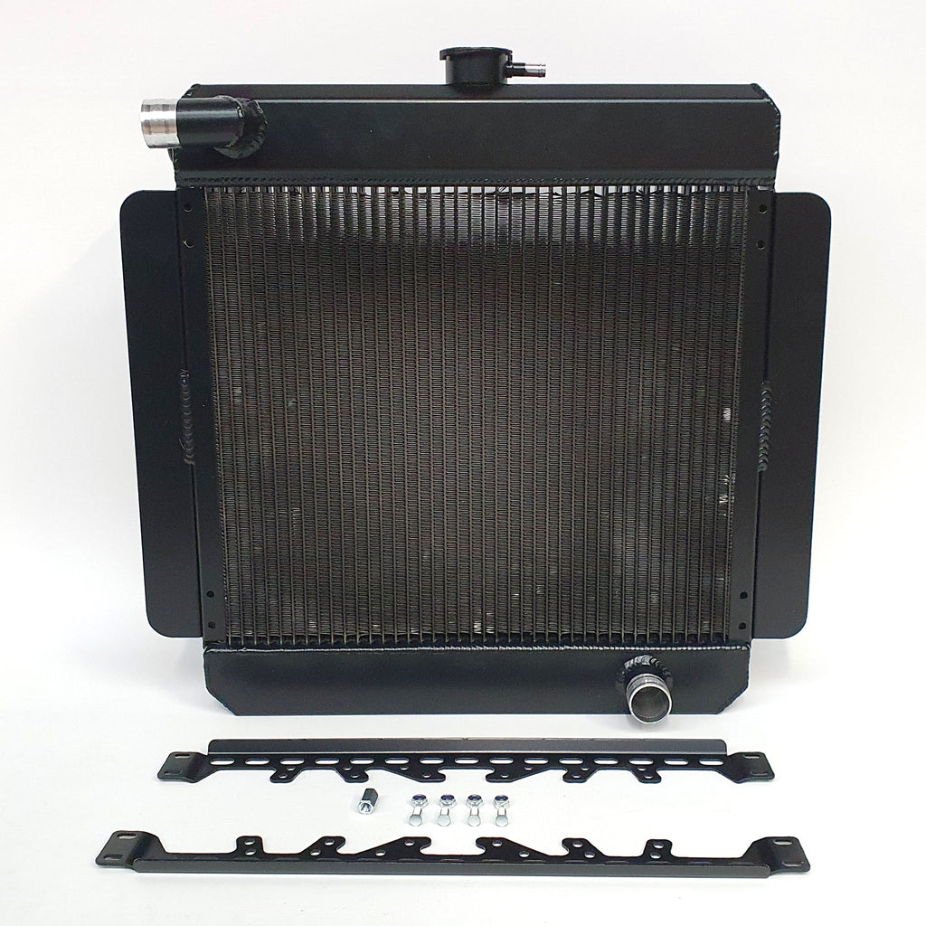 Engine side of Alloy Radiator with a Black Powder Coated finish for Pinto engine in a Ford Escort Mk1 / Mk2